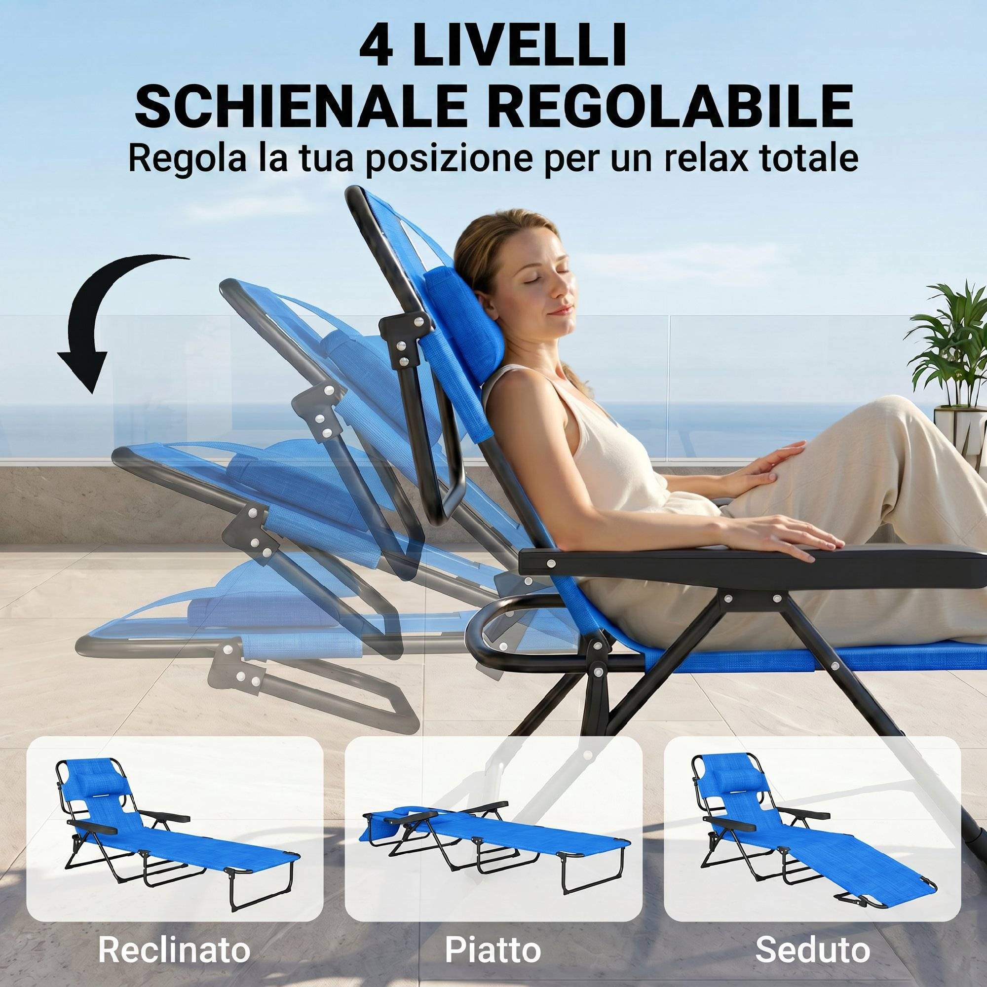 Sans Marque - Chaise longue de jardin pliante avec dossier réglable, coussin et ouverture pour le visage, bleu foncé - Image 7