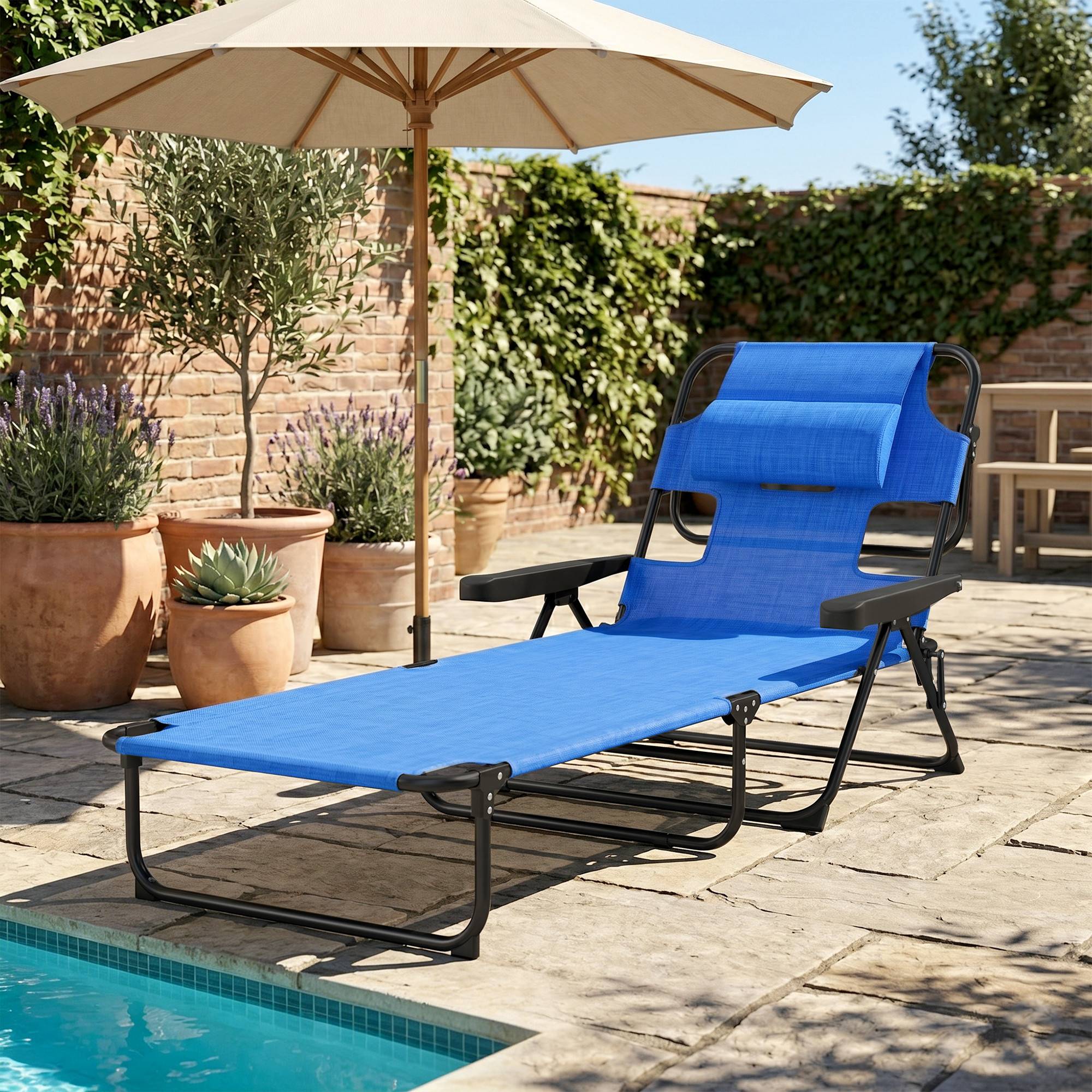 Sans Marque - Chaise longue de jardin pliante avec dossier réglable, coussin et ouverture pour le visage, bleu foncé - Image 3