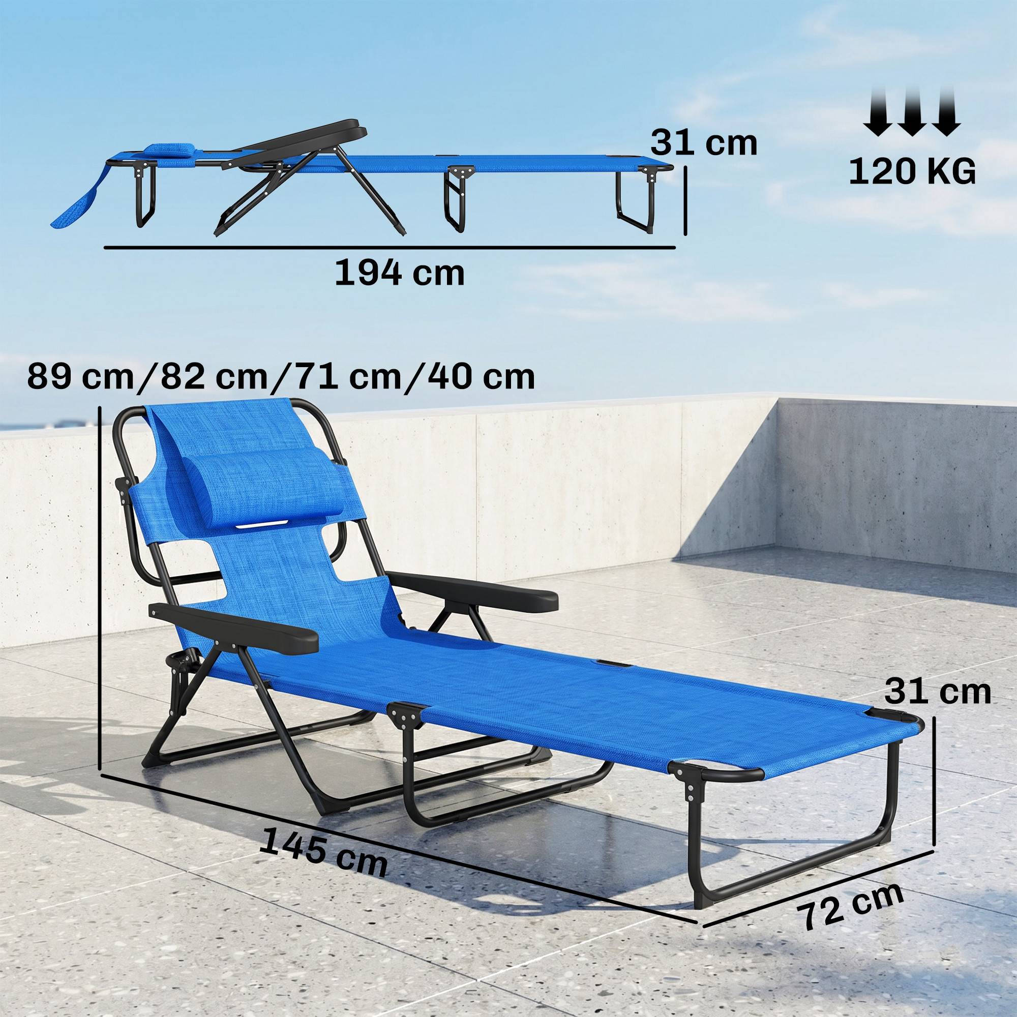 Sans Marque - Chaise longue de jardin pliante avec dossier réglable, coussin et ouverture pour le visage, bleu foncé - Image 5