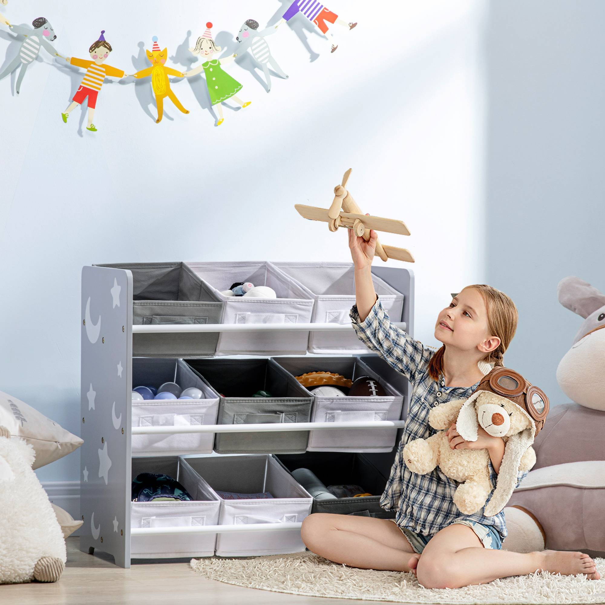 Organisateur de jouets avec 9 boîtes amovibles en tissu non tissé pour chambre d'enfant, 63 x 30 x 60 cm, gris - Image 4