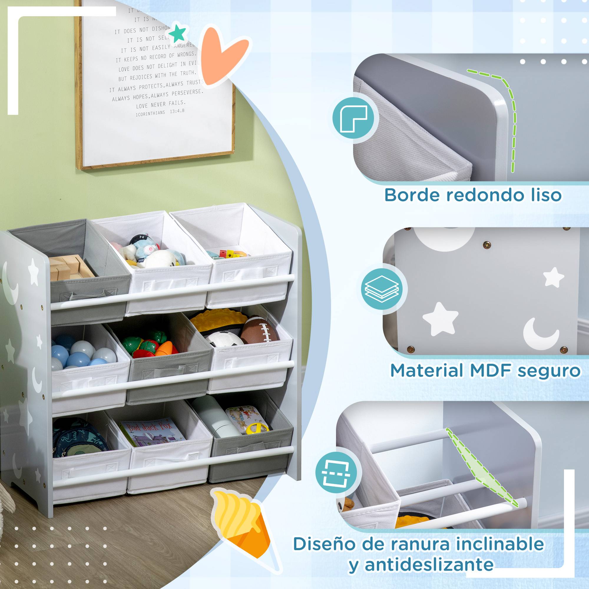 Organisateur de jouets avec 9 boîtes amovibles en tissu non tissé pour chambre d'enfant, 63 x 30 x 60 cm, gris - Image 7