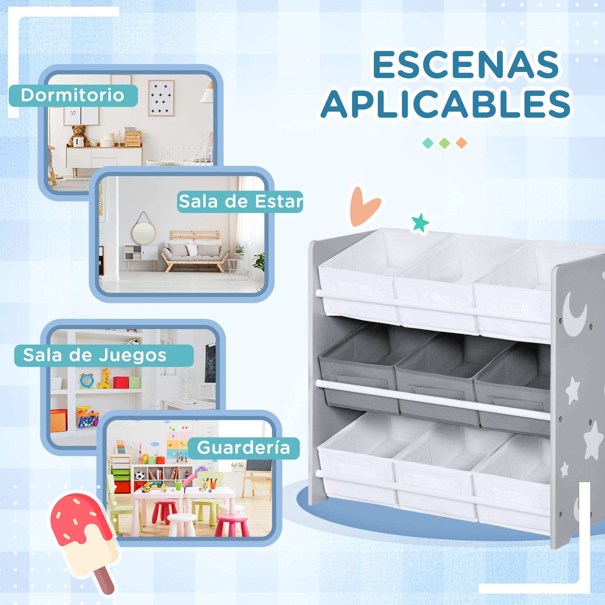 Organisateur de jouets avec 9 boîtes amovibles en tissu non tissé pour chambre d'enfant, 63 x 30 x 60 cm, gris - Image 9