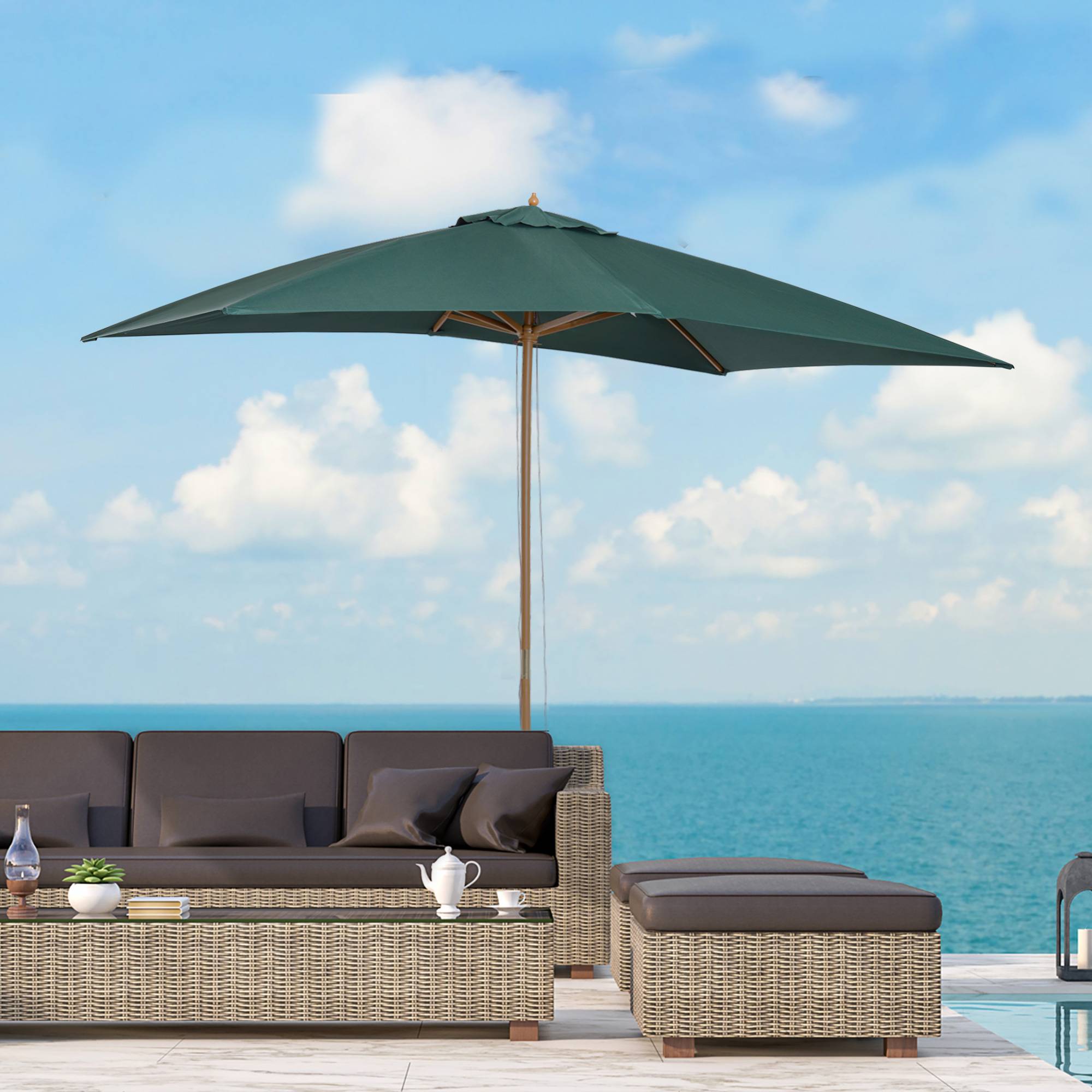 Parasol de jardin 2 x 3 m en bois laqué et bambou avec housse amovible, vert foncé - Image 3