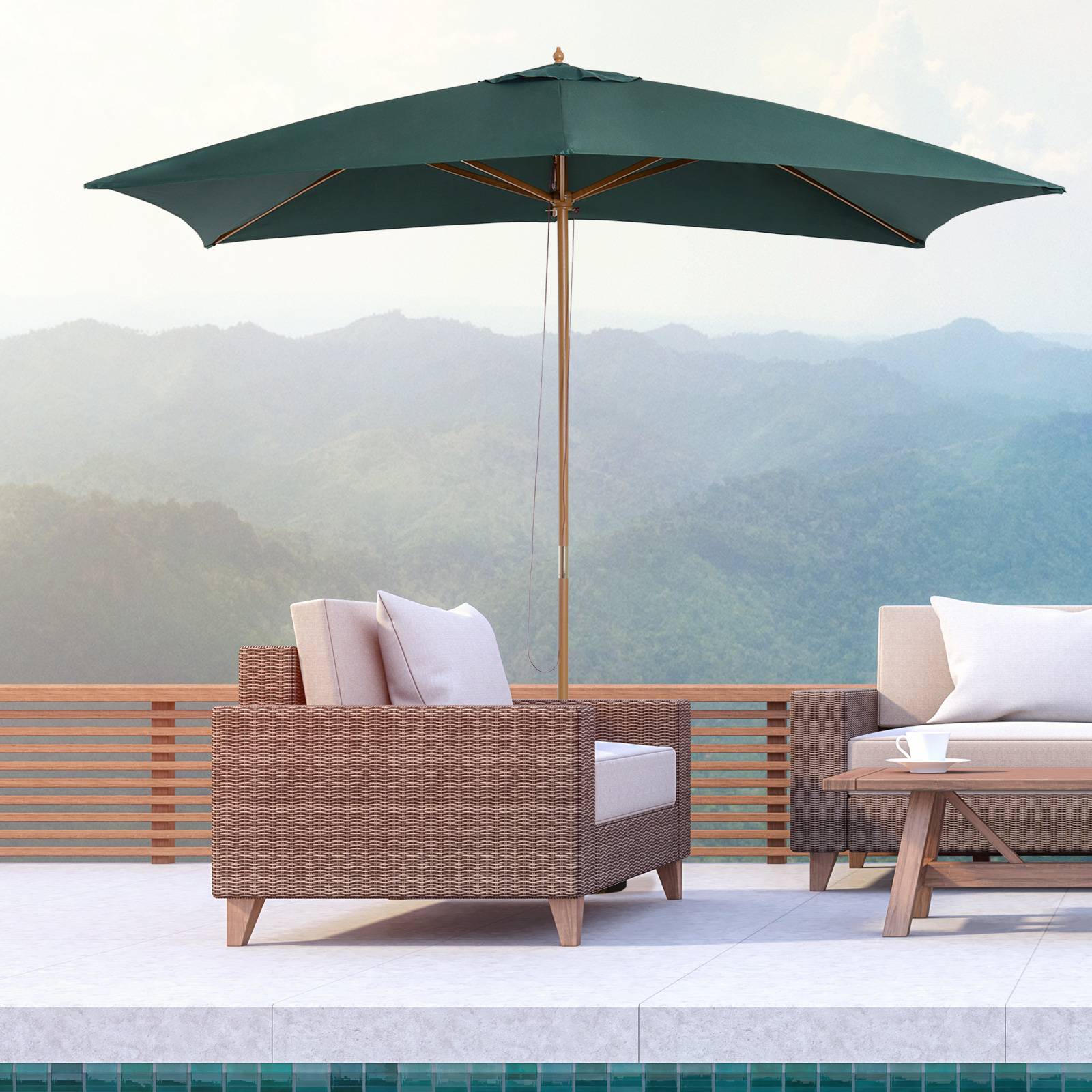 Parasol de jardin 2 x 3 m en bois laqué et bambou avec housse amovible, vert foncé - Image 4
