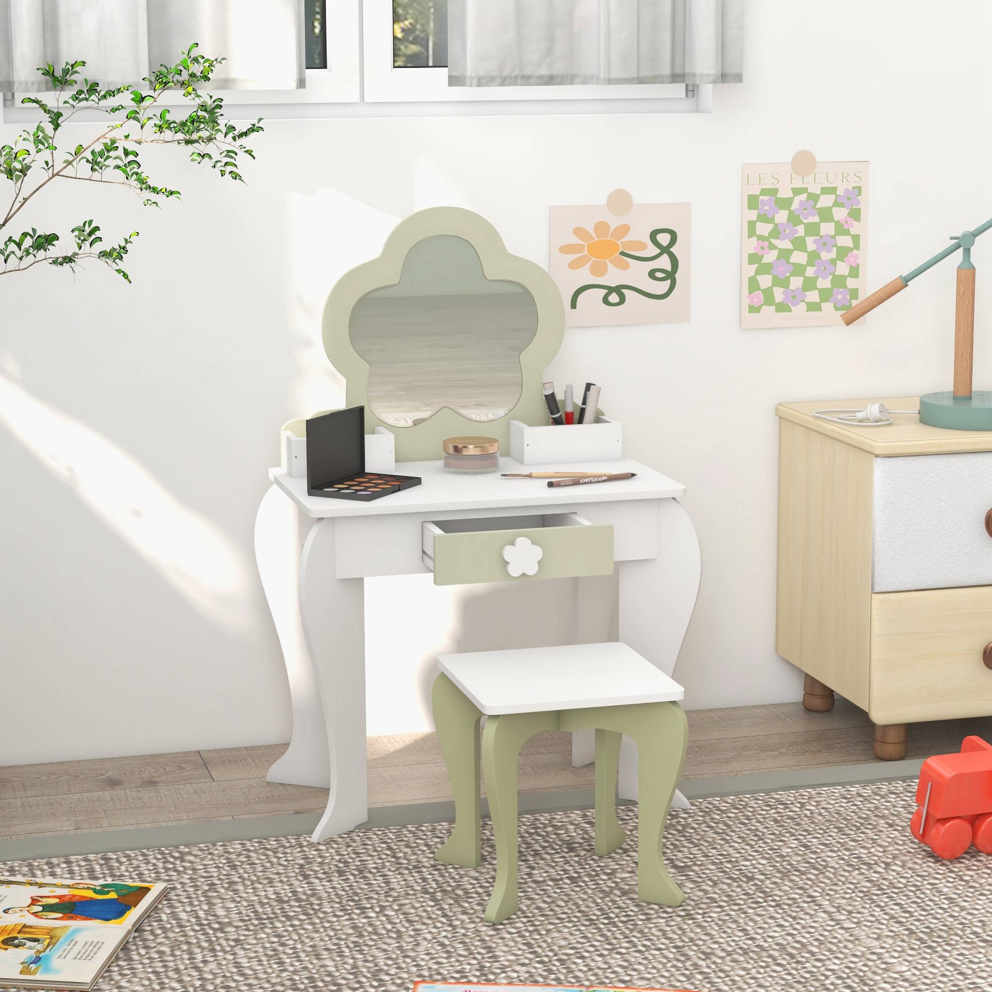 Sans Marque - Coiffeuse pour fille avec miroir et tabouret, meuble de maquillage avec 2 boîtes et 1 tiroir, 55 x 34 x 87,5 cm, blanc et vert pastel - Image 4