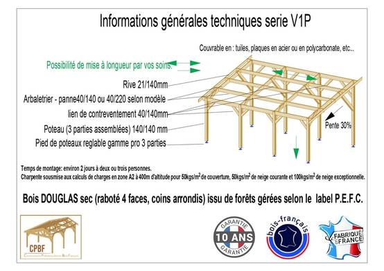 Cpbf Charpentes - Carport une pente 450cmx450cm, bois DOUGLAS Français (Charpente en bois-auvent-abri voiture) 21 m². Garantie 10 ans - Image 3