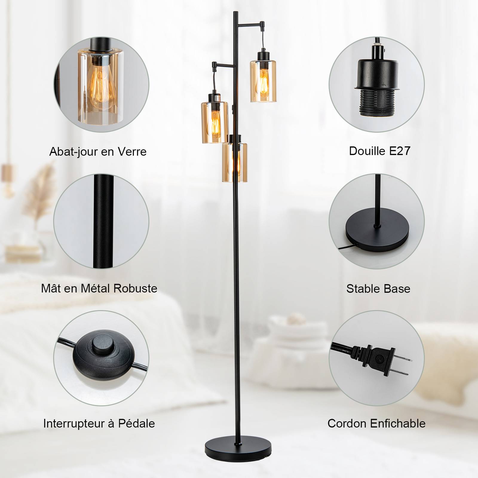 Costway - Lampadaire Autonome avec Abat-Jour en Verre Ambré à 3 Têtes Suspendues, Interrupteur à Pied, Base en Métal, pour Salon, Chambre, Noir - Image 5