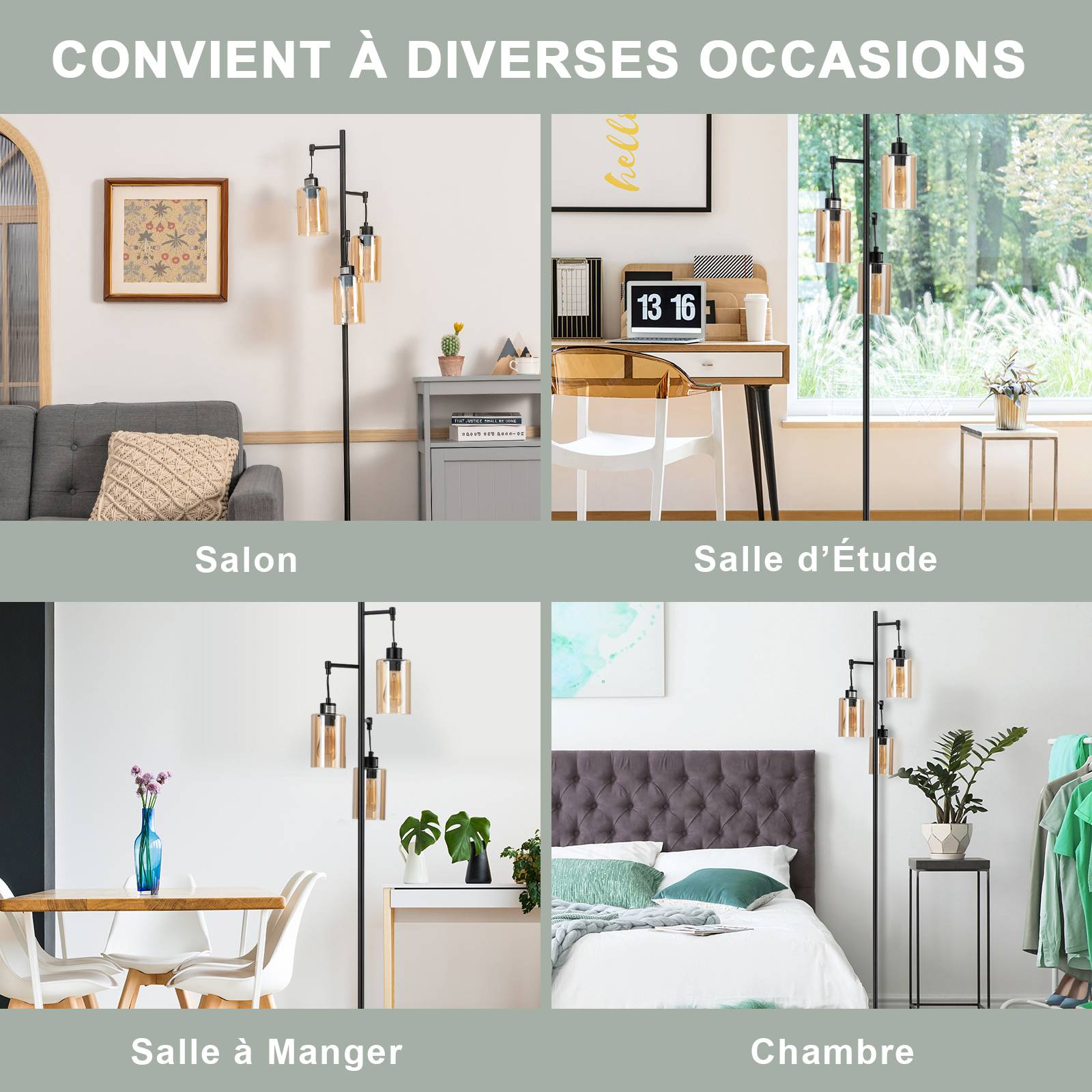 Costway - Lampadaire Autonome avec Abat-Jour en Verre Ambré à 3 Têtes Suspendues, Interrupteur à Pied, Base en Métal, pour Salon, Chambre, Noir - Image 4