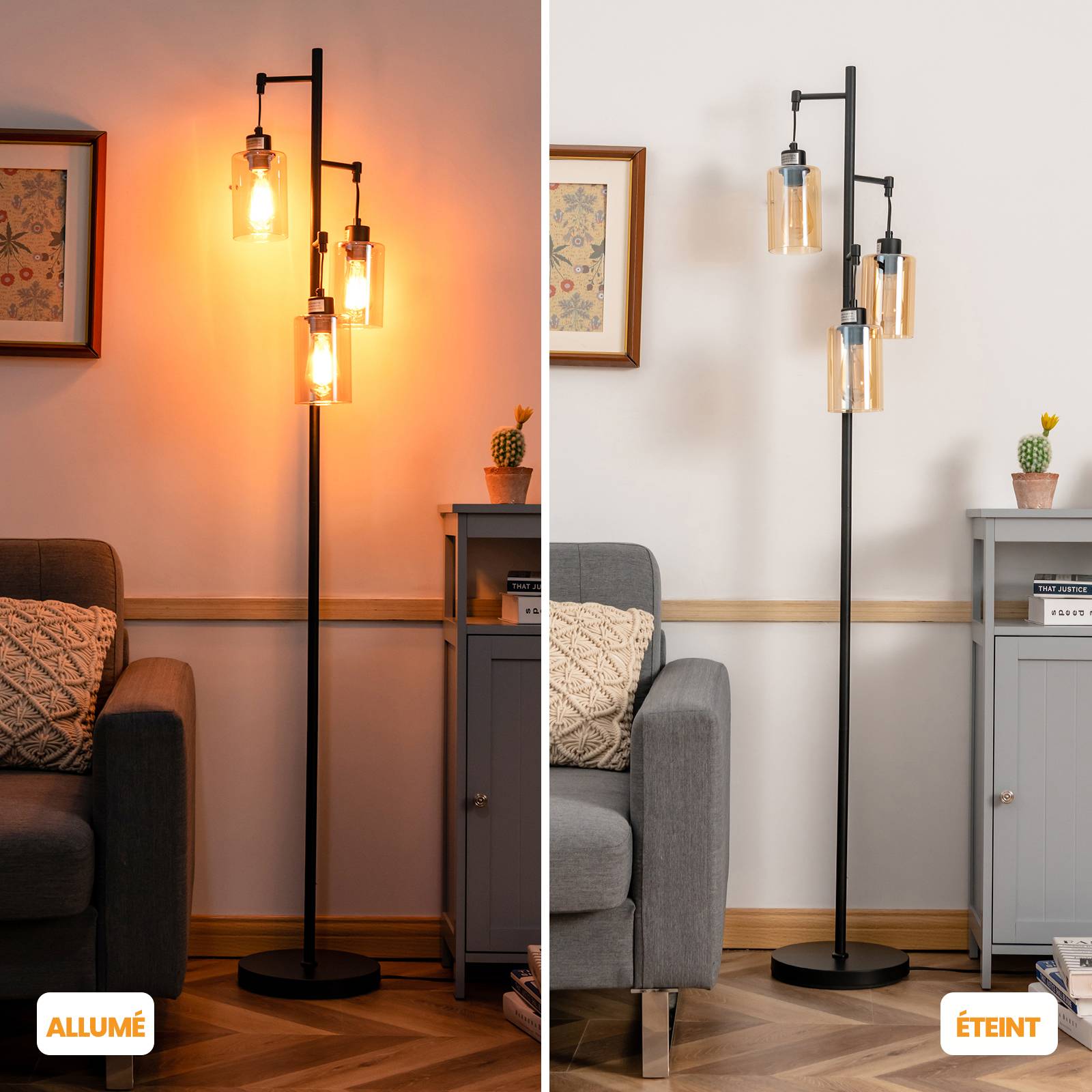 Costway - Lampadaire Autonome avec Abat-Jour en Verre Ambré à 3 Têtes Suspendues, Interrupteur à Pied, Base en Métal, pour Salon, Chambre, Noir - Image 2