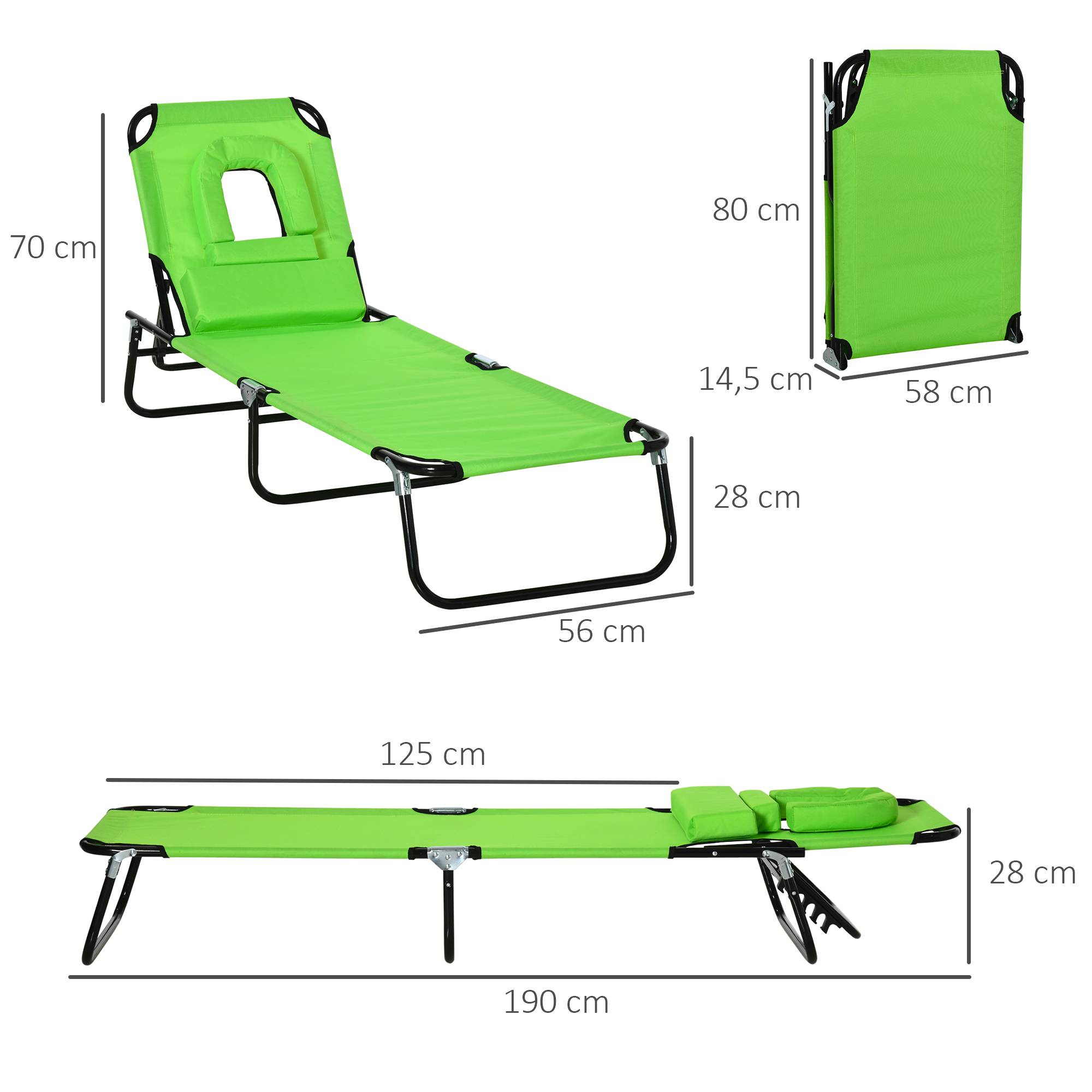 Sans Marque - Transat pliant 4 positions avec coussin, métal et tissu Oxford, pour camping plage terrasse, charge 120 kg, 190x56x28 cm, vert - Image 4