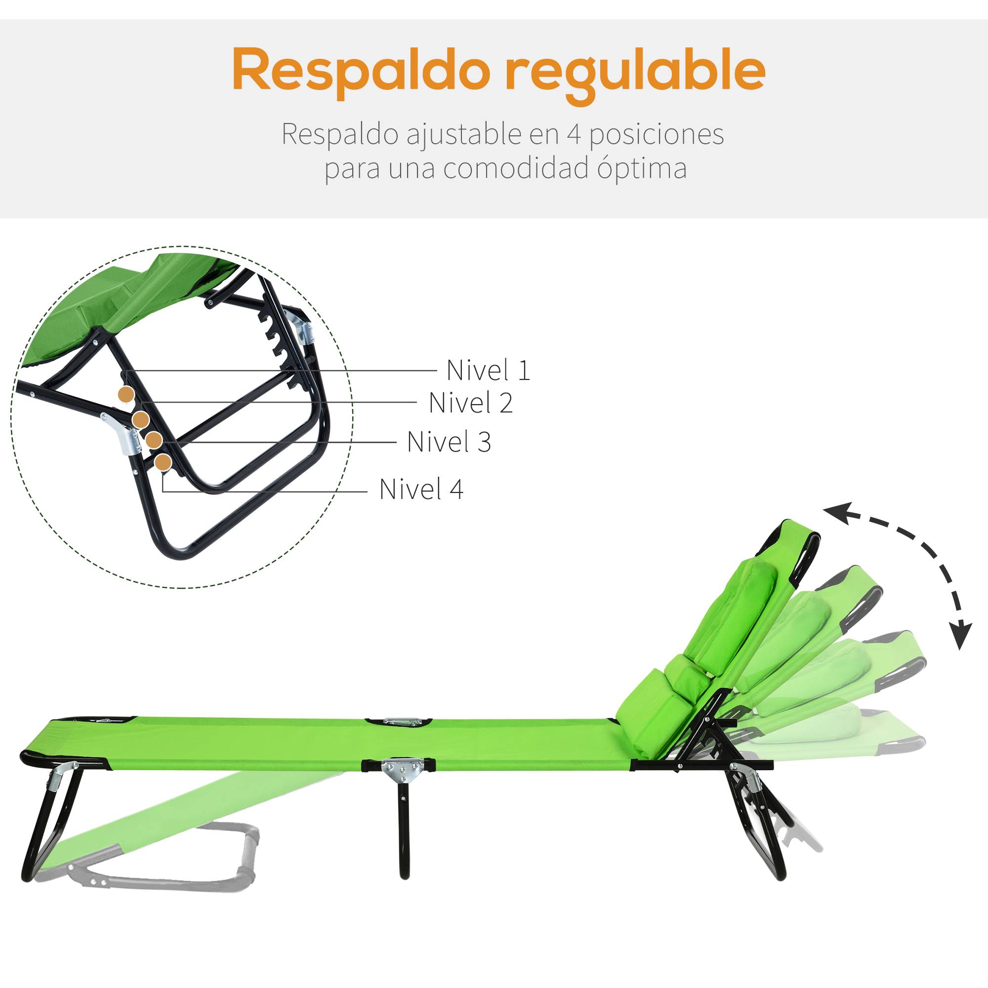 Sans Marque - Transat pliant 4 positions avec coussin, métal et tissu Oxford, pour camping plage terrasse, charge 120 kg, 190x56x28 cm, vert - Image 5