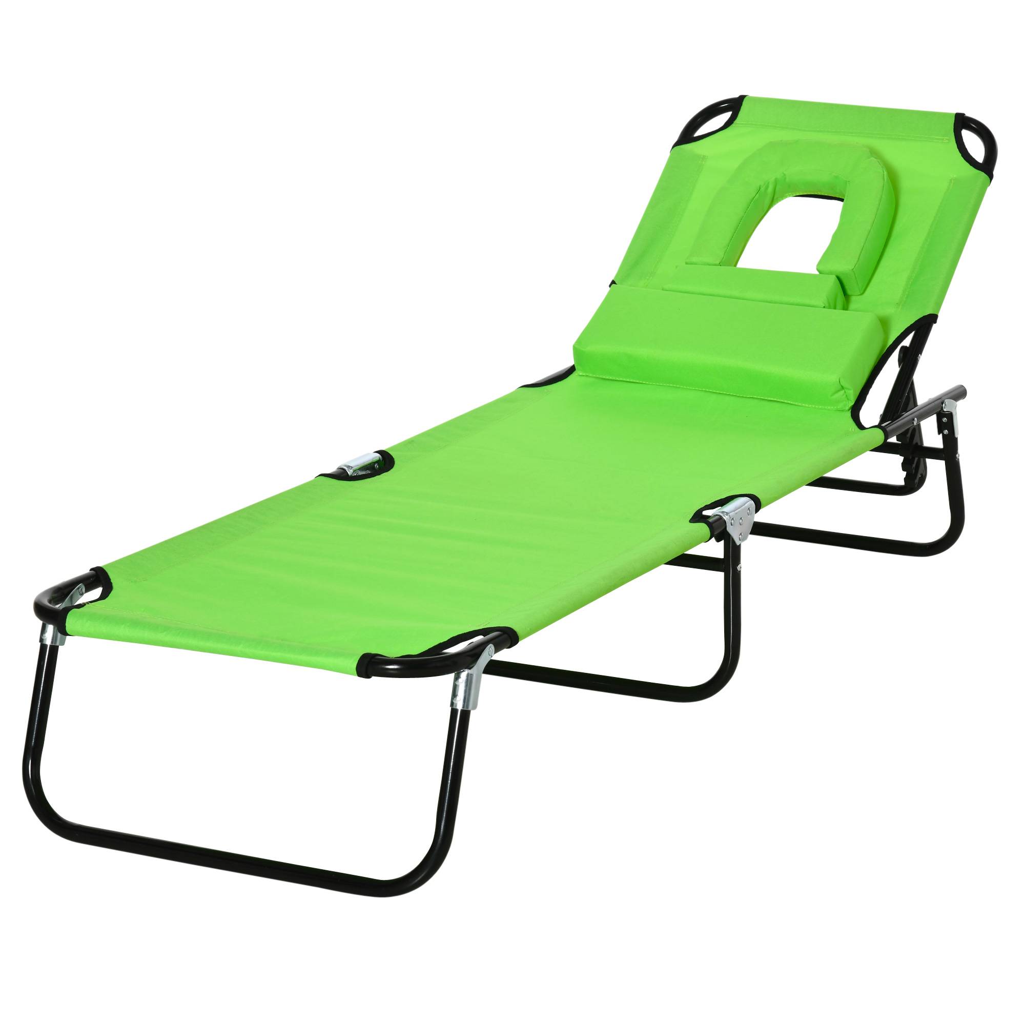 Sans Marque - Transat pliant 4 positions avec coussin, métal et tissu Oxford, pour camping plage terrasse, charge 120 kg, 190x56x28 cm, vert - Image 2