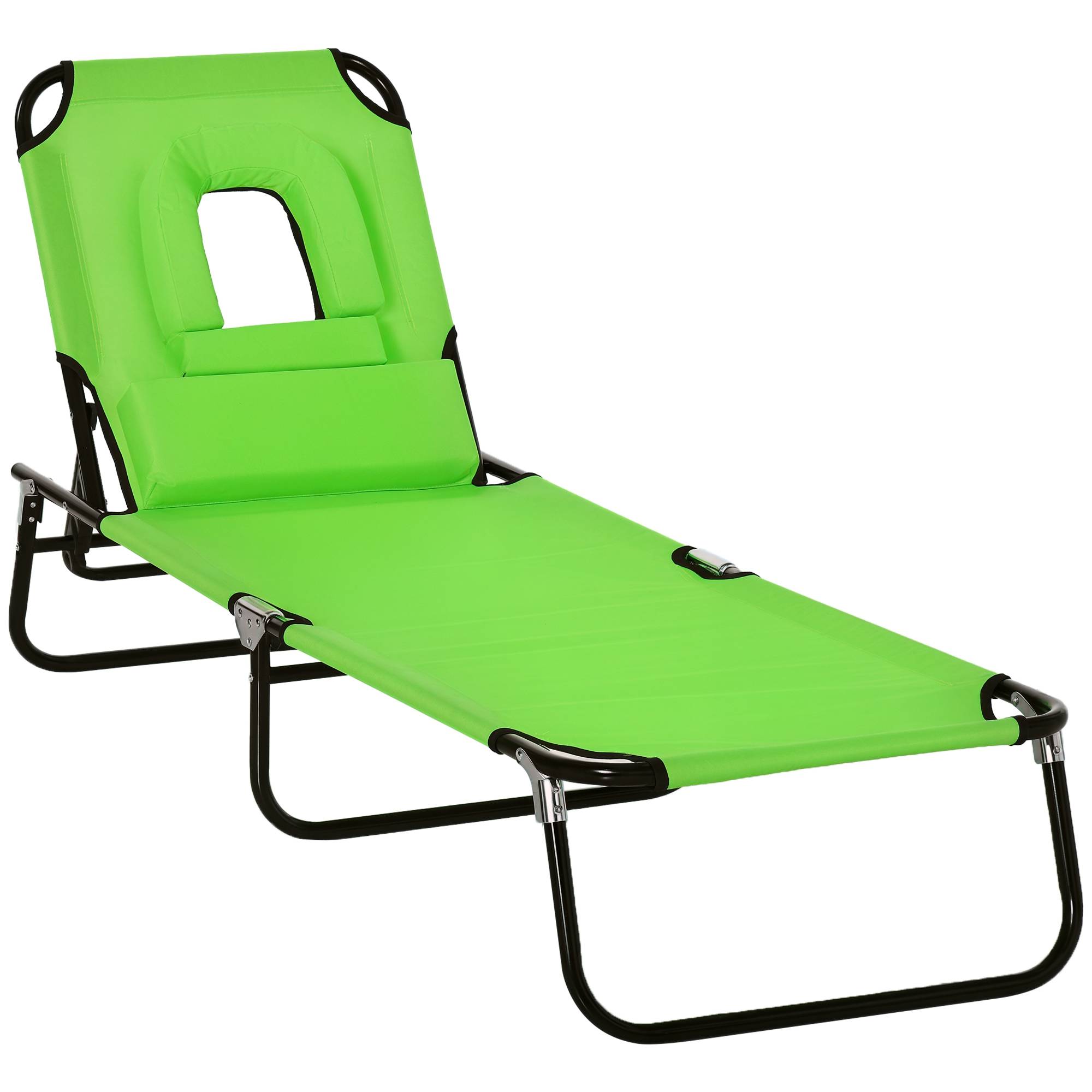 Sans Marque - Transat pliant 4 positions avec coussin, métal et tissu Oxford, pour camping plage terrasse, charge 120 kg, 190x56x28 cm, vert - Image 1