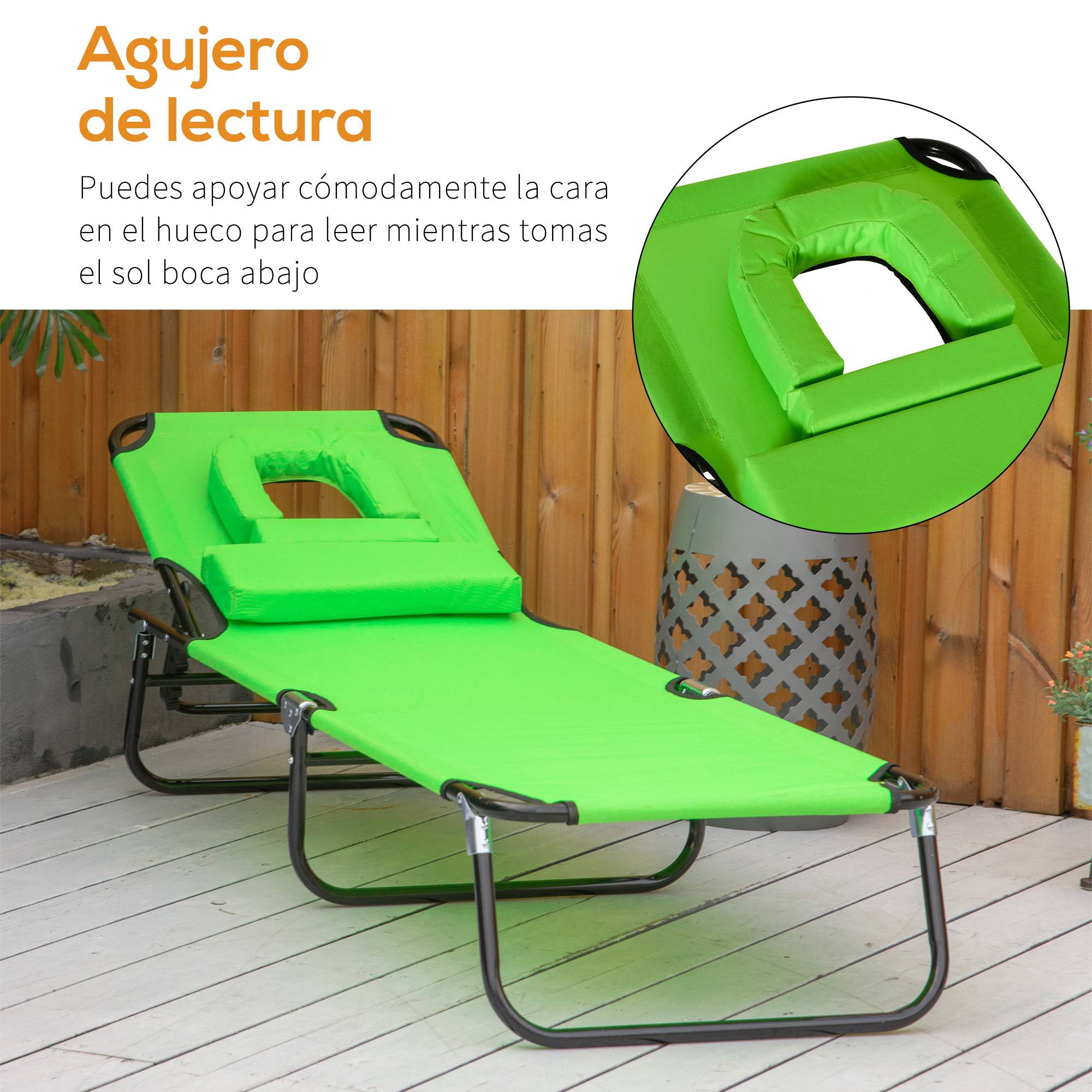 Sans Marque - Transat pliant 4 positions avec coussin, métal et tissu Oxford, pour camping plage terrasse, charge 120 kg, 190x56x28 cm, vert - Image 7