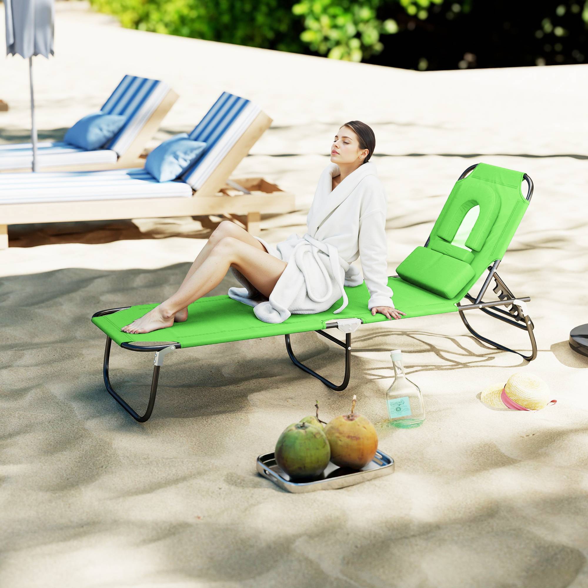 Sans Marque - Transat pliant 4 positions avec coussin, métal et tissu Oxford, pour camping plage terrasse, charge 120 kg, 190x56x28 cm, vert - Image 3