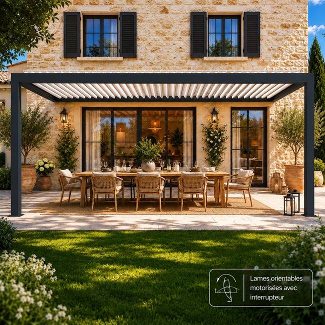 Pergola Bioclimatique Aluminium Adossée Motorisée Éclairée 5x3,5 Anthracite SV ORIAL France - Image 4