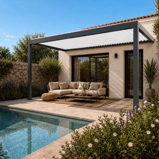 Pergola Bioclimatique Aluminium Adossée Motorisée Éclairée 5x3,5 Anthracite SV ORIAL France - Image 1