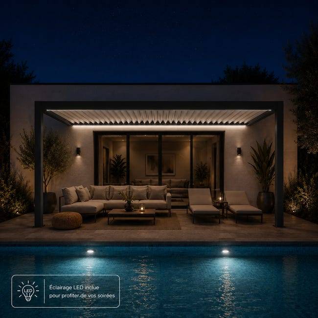 Pergola Bioclimatique Aluminium Adossée Motorisée Éclairée 5x3,5 Anthracite SV ORIAL France - Image 3