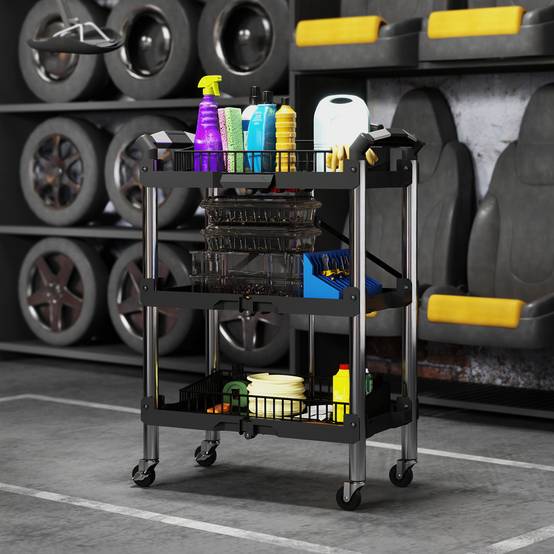 Sans Marque - Chariot à outils pliable à 3 niveaux, chariot à outils en plastique et acier noir - Image 4
