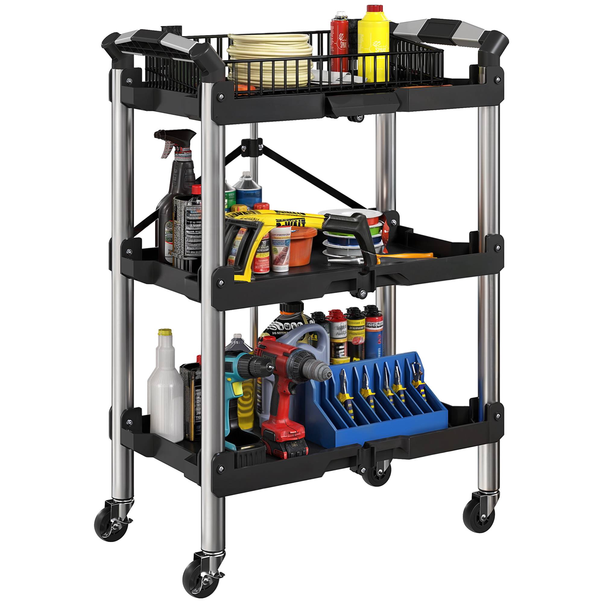Sans Marque - Chariot à outils pliable à 3 niveaux, chariot à outils en plastique et acier noir