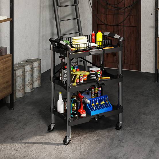 Sans Marque - Chariot à outils pliable à 3 niveaux, chariot à outils en plastique et acier noir - Image 10