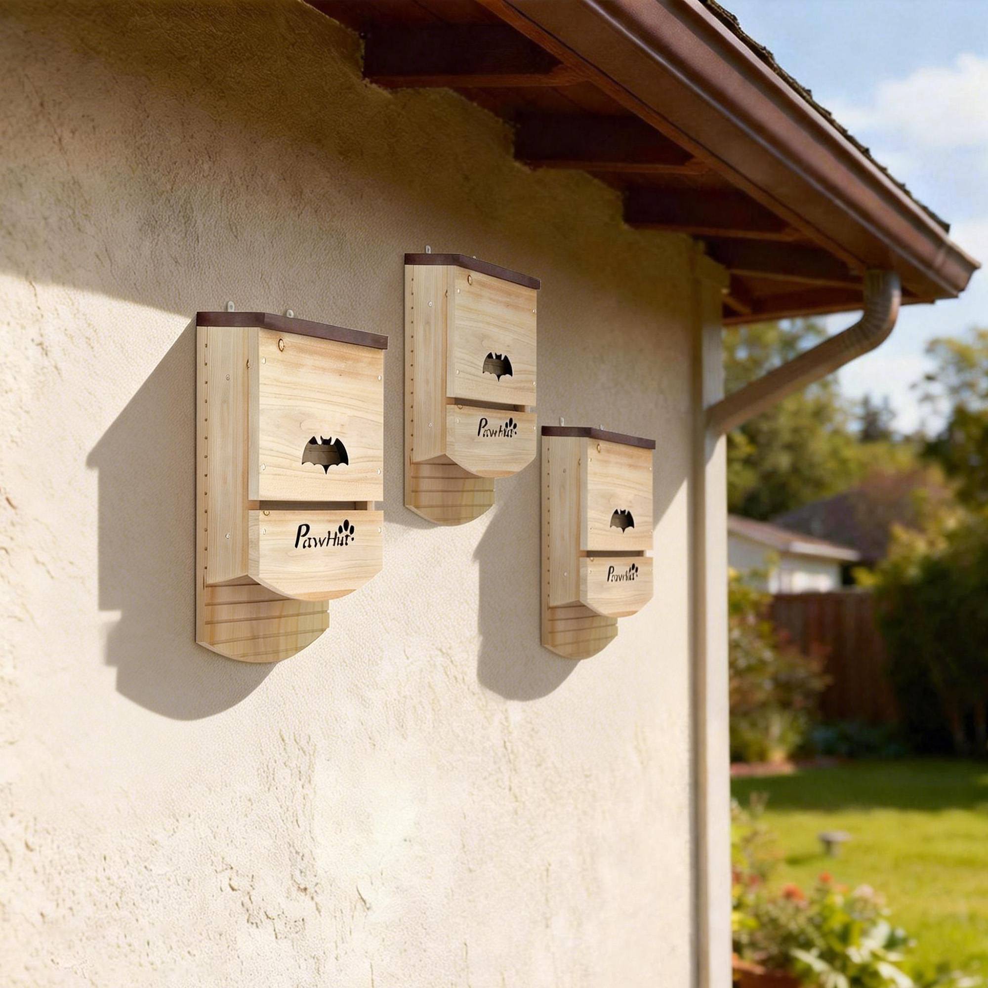 Lot de 3 nichoirs à chauves-souris en bois, abri avec plateforme rainurée,23x9,5x36,5cm,bois naturel - Image 4
