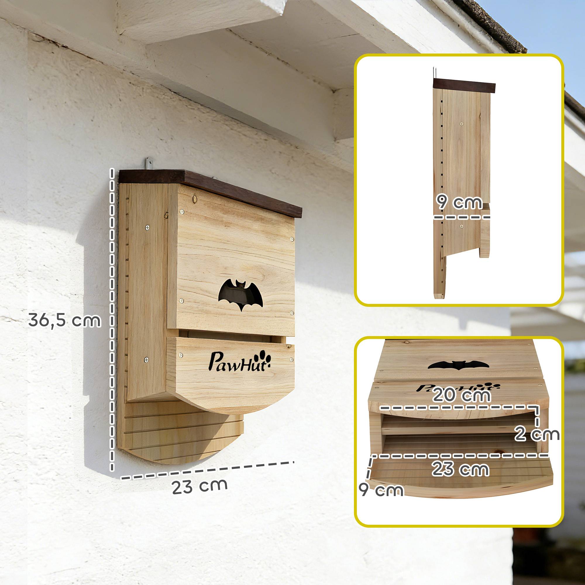 Lot de 3 nichoirs à chauves-souris en bois, abri avec plateforme rainurée,23x9,5x36,5cm,bois naturel - Image 5