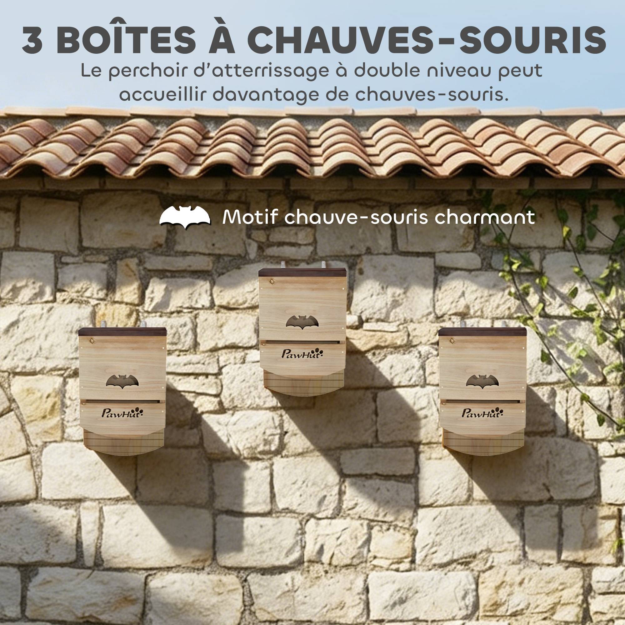 Lot de 3 nichoirs à chauves-souris en bois, abri avec plateforme rainurée,23x9,5x36,5cm,bois naturel - Image 6
