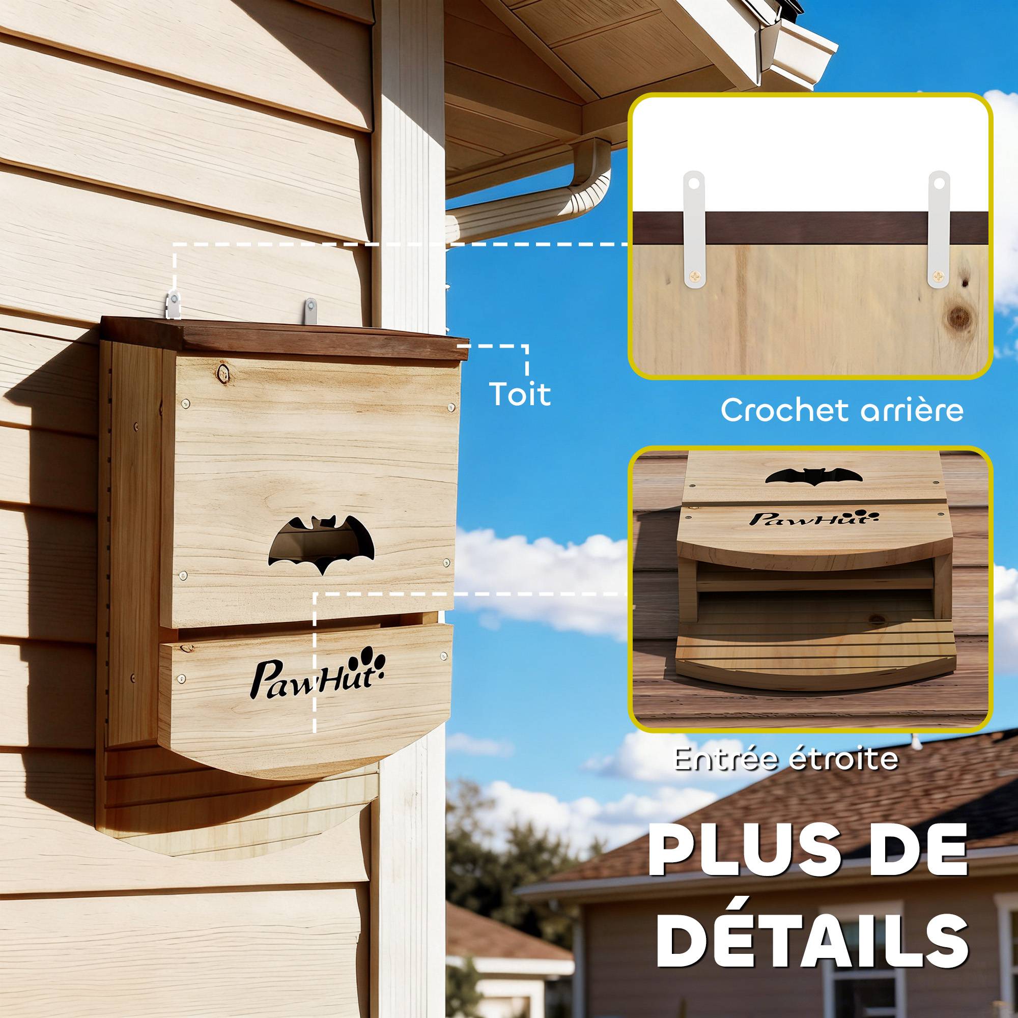 Lot de 3 nichoirs à chauves-souris en bois, abri avec plateforme rainurée,23x9,5x36,5cm,bois naturel - Image 9