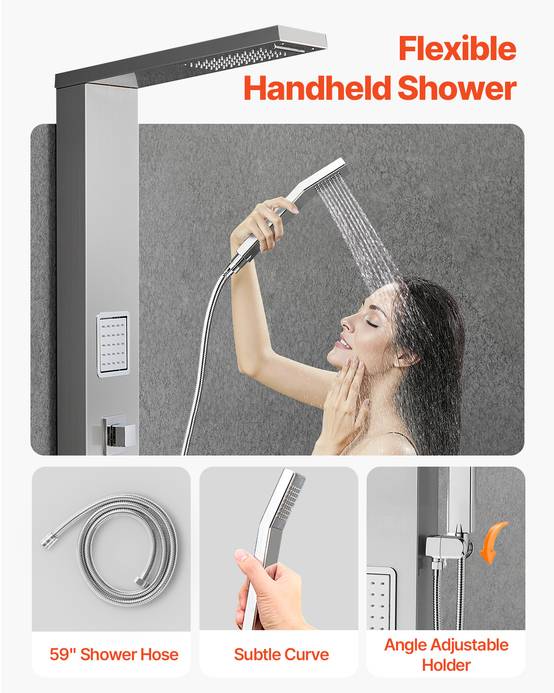 VEVOR Colonne douche inox avec pommeau pluie, panneau 5 fonctions, 2 jets corps, douchette main et bec baignoire. - Image 4