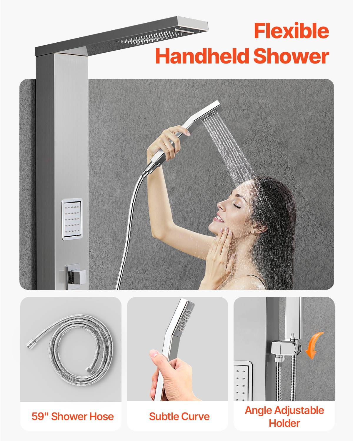 VEVOR Colonne douche inox avec pommeau pluie, panneau 5 fonctions, 2 jets corps, douchette main et bec baignoire. - Image 4