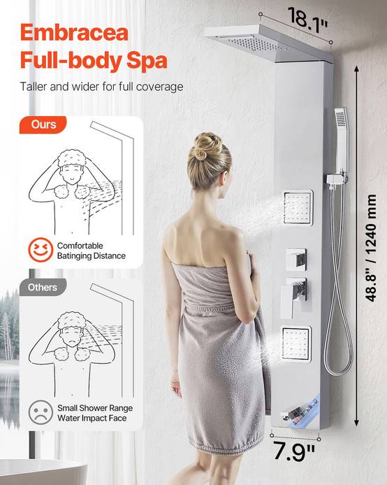 VEVOR Colonne douche inox avec pommeau pluie, panneau 5 fonctions, 2 jets corps, douchette main et bec baignoire. - Image 2