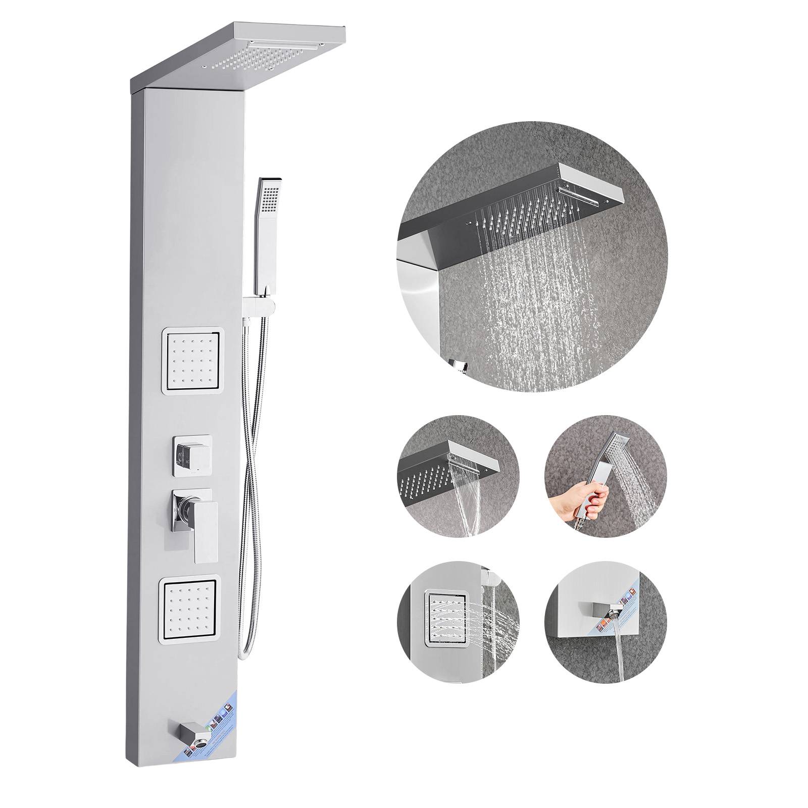 VEVOR Colonne douche inox avec pommeau pluie, panneau 5 fonctions, 2 jets corps, douchette main et bec baignoire. - Image 1