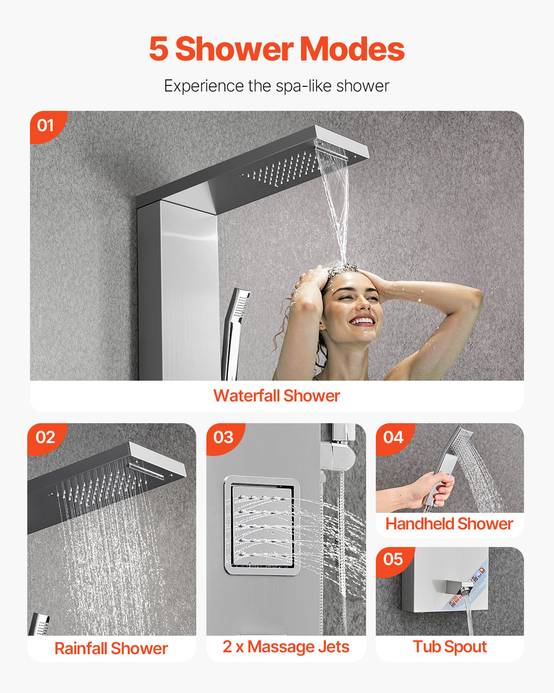 VEVOR Colonne douche inox avec pommeau pluie, panneau 5 fonctions, 2 jets corps, douchette main et bec baignoire. - Image 3