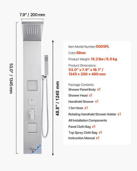 VEVOR Colonne douche inox avec pommeau pluie, panneau 5 fonctions, 2 jets corps, douchette main et bec baignoire. - Image 7