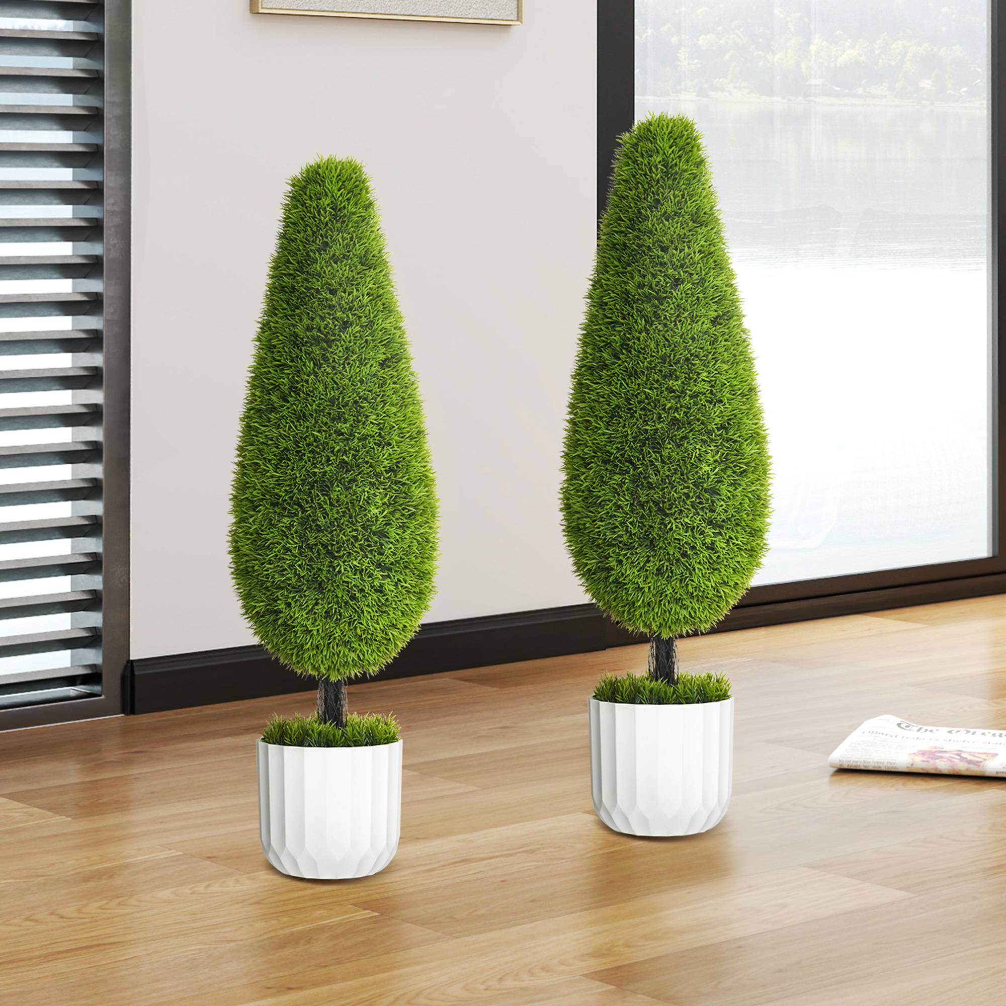 Lot de 2 plantes artificielles cyprès en pot avec mousse déco, blanc+vert - Image 8