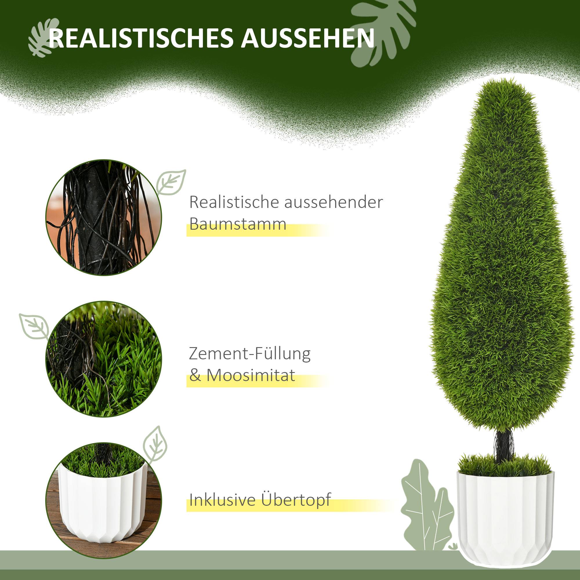 Lot de 2 plantes artificielles cyprès en pot avec mousse déco, blanc+vert - Image 6