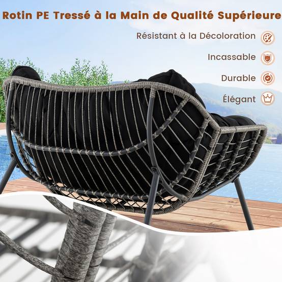 Fauteuil à Bascule d'Extérieur, Fauteuil Œuf Surdimensionné en Osier PE avec Coussin Épais Amovible, 98 x 98 x 87 cm, Charge 150 kg, Noir - Image 5
