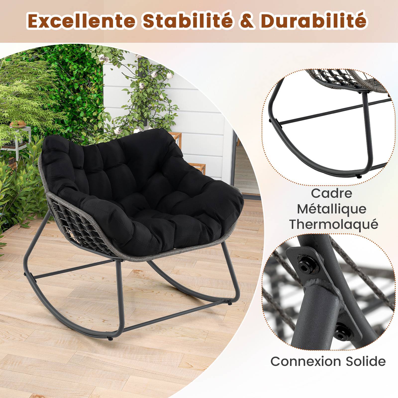 Fauteuil à Bascule d'Extérieur, Fauteuil Œuf Surdimensionné en Osier PE avec Coussin Épais Amovible, 98 x 98 x 87 cm, Charge 150 kg, Noir - Image 2