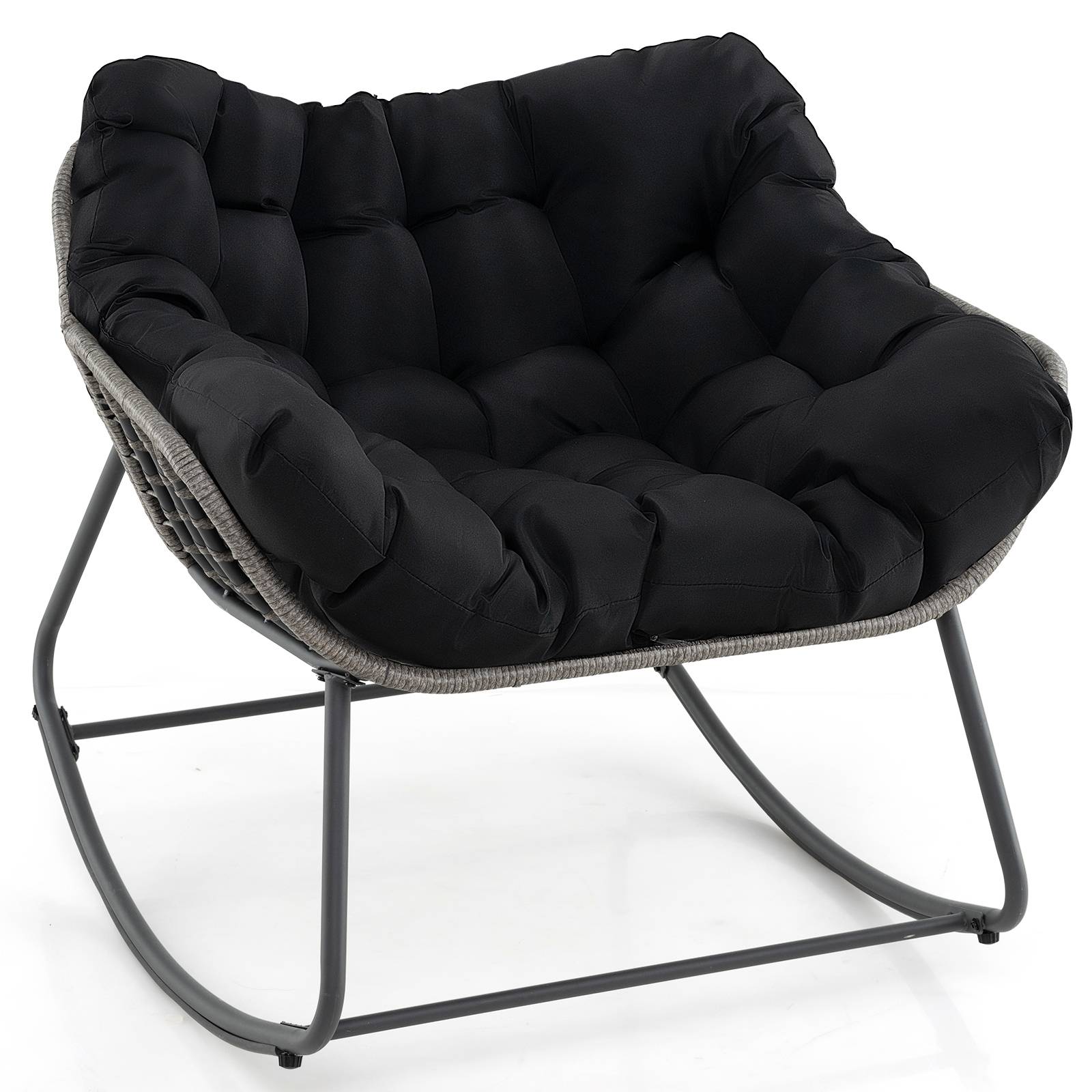 Fauteuil à Bascule d'Extérieur, Fauteuil Œuf Surdimensionné en Osier PE avec Coussin Épais Amovible, 98 x 98 x 87 cm, Charge 150 kg, Noir - Image 1