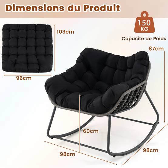 Fauteuil à Bascule d'Extérieur, Fauteuil Œuf Surdimensionné en Osier PE avec Coussin Épais Amovible, 98 x 98 x 87 cm, Charge 150 kg, Noir - Image 3