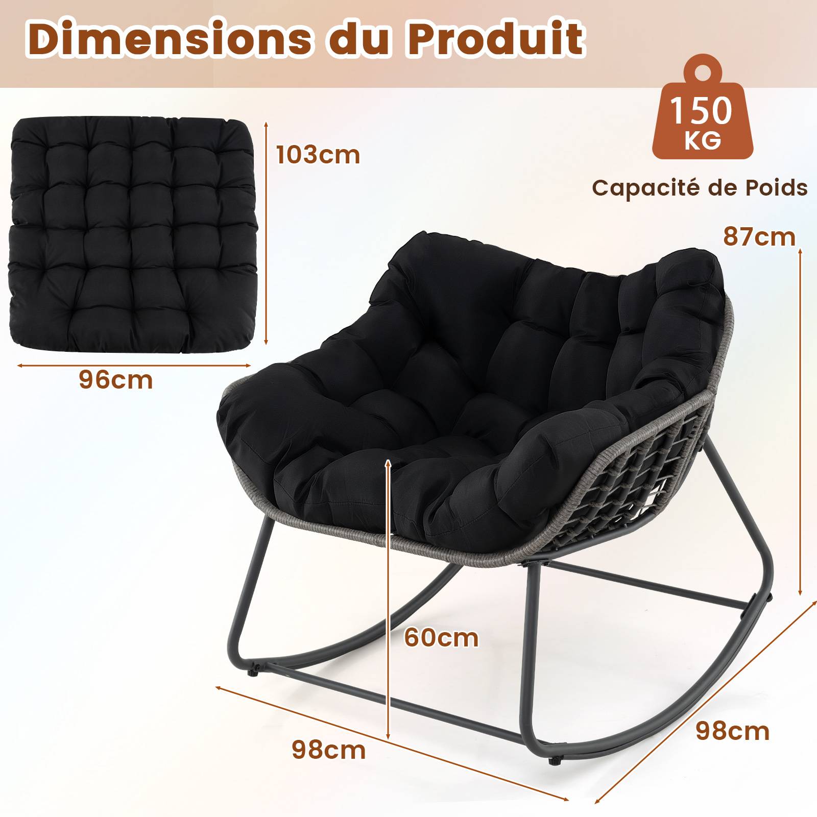 Fauteuil à Bascule d'Extérieur, Fauteuil Œuf Surdimensionné en Osier PE avec Coussin Épais Amovible, 98 x 98 x 87 cm, Charge 150 kg, Noir - Image 3