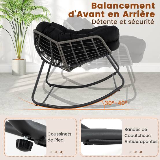 Fauteuil à Bascule d'Extérieur, Fauteuil Œuf Surdimensionné en Osier PE avec Coussin Épais Amovible, 98 x 98 x 87 cm, Charge 150 kg, Noir - Image 4