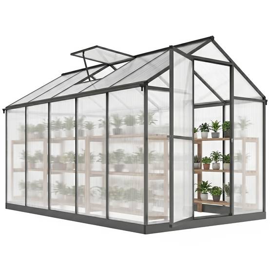 Serre de jardin en aluminium polycarbonate, serre avec fenêtres supérieures réglables 303x183x195cm transparent - Image 1