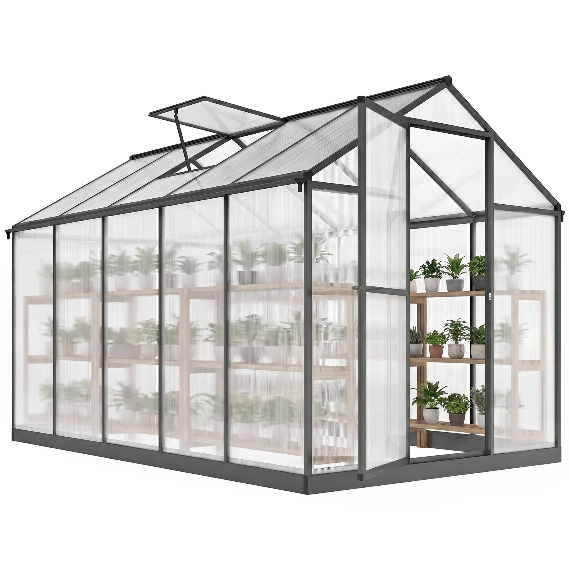 Serre de jardin en aluminium polycarbonate, serre avec fenêtres supérieures réglables 303x183x195cm transparent - Image 1