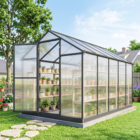 Serre de jardin en aluminium polycarbonate, serre avec fenêtres supérieures réglables 303x183x195cm transparent - Image 3