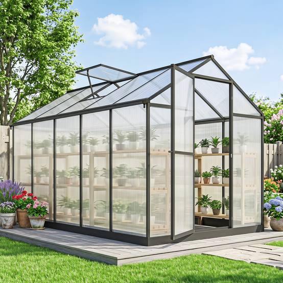Serre de jardin en aluminium polycarbonate, serre avec fenêtres supérieures réglables 303x183x195cm transparent - Image 4