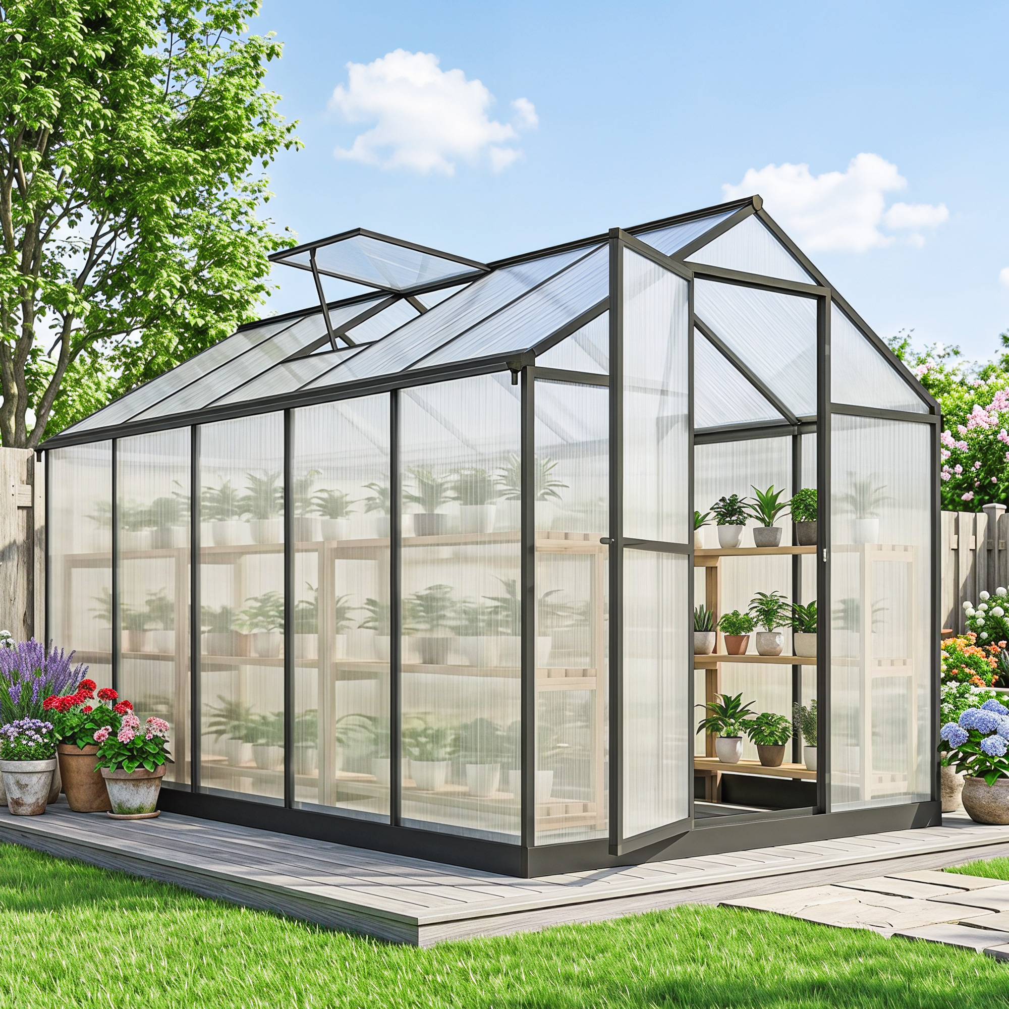 Serre de jardin en aluminium polycarbonate, serre avec fenêtres supérieures réglables 303x183x195cm transparent - Image 4