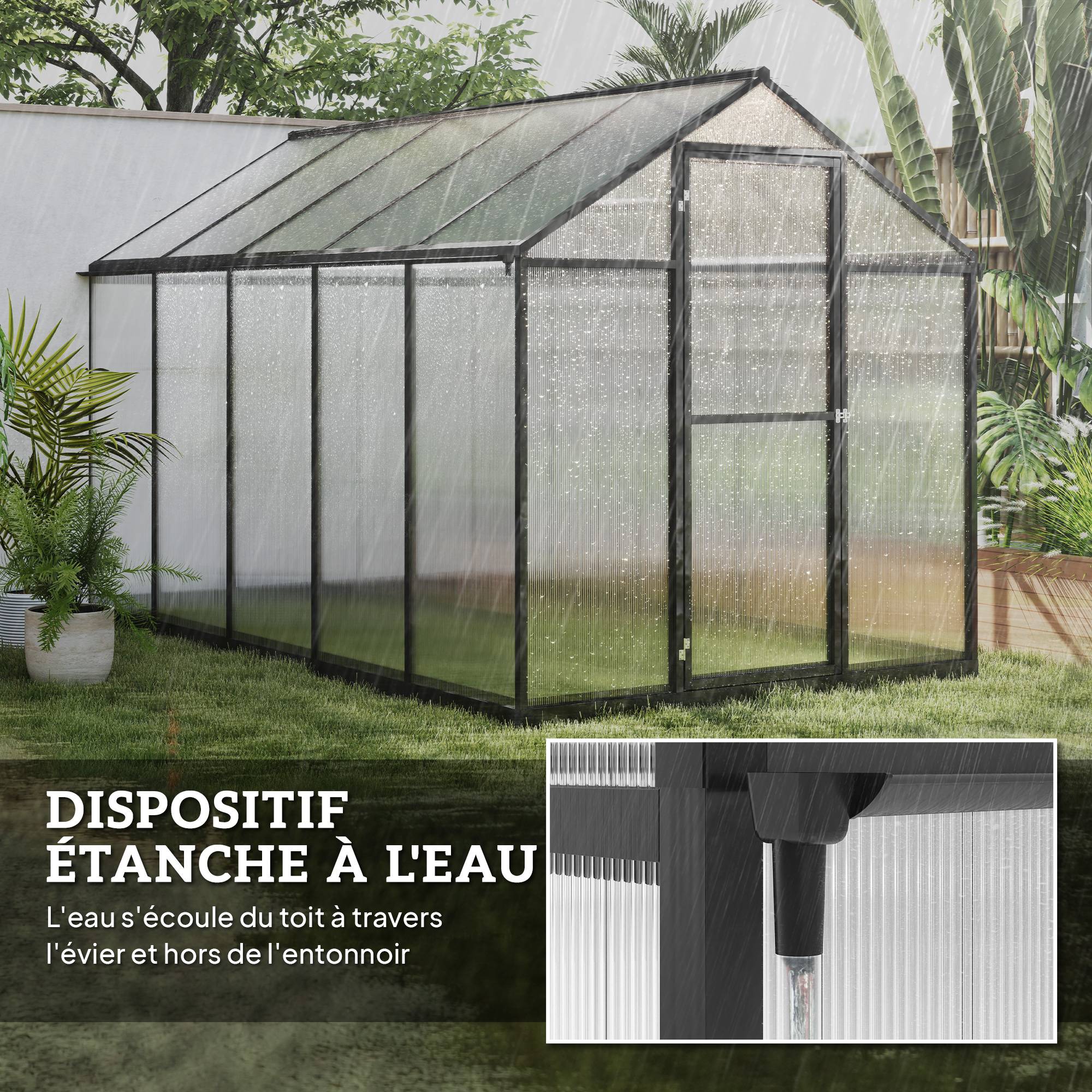 Serre de jardin en aluminium polycarbonate, serre avec fenêtres supérieures réglables 303x183x195cm transparent - Image 8