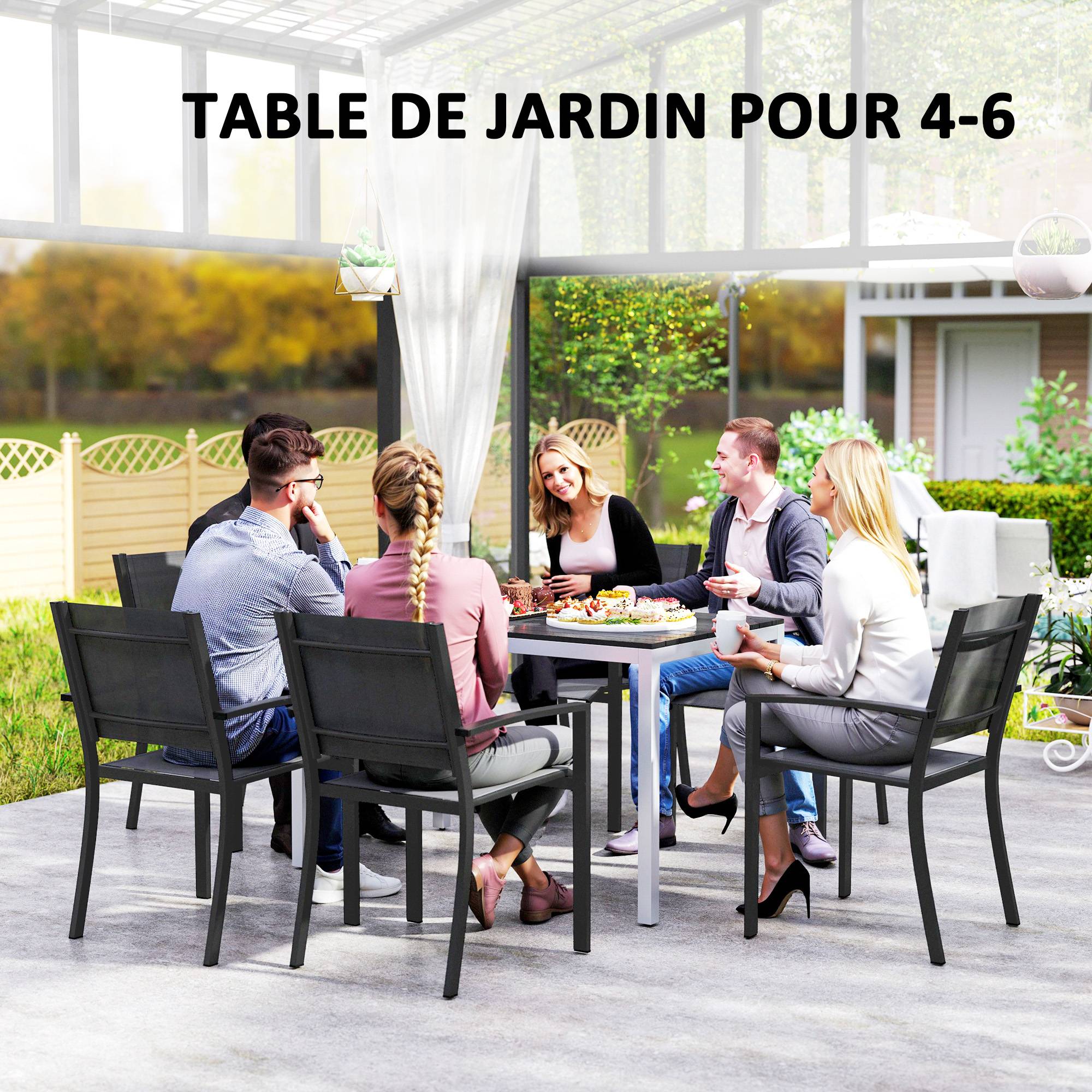 Table à manger de jardin pour 4-6 personnes avec plateau à lattes cadre en aluminium anti-rouille 120 x 70 x 72 cm, noir - Image 7